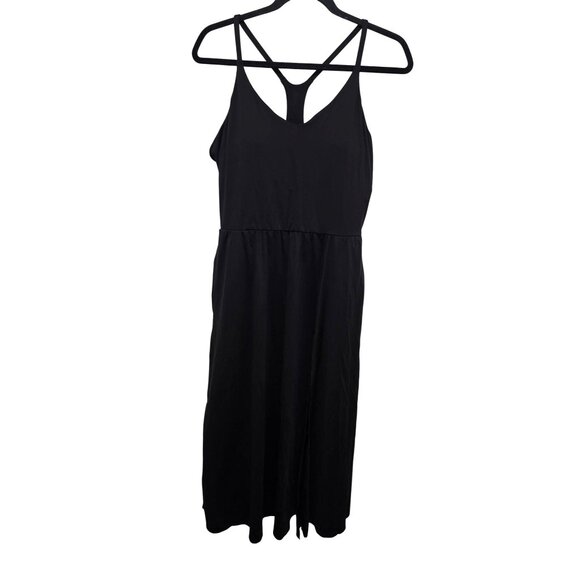 Black Sleeveless Midi Stretch Dress Strappy Back & Side Slit Size L - Picture 1 of 6